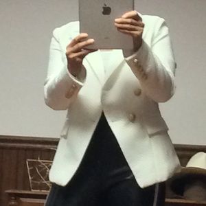 White herringbone rib blazer with gold buttons